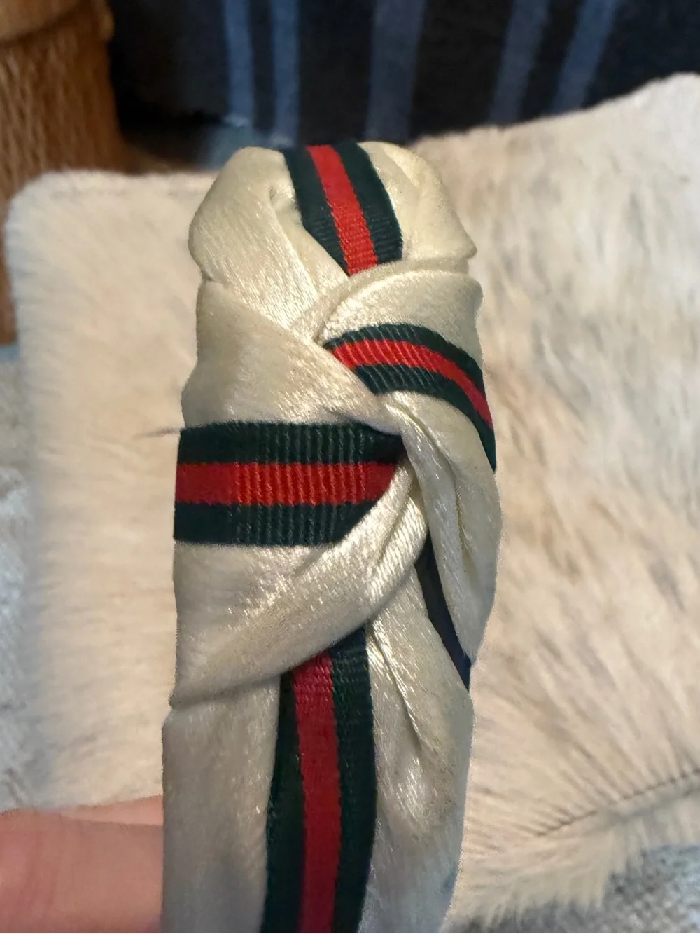 White satin red and green Twisted Headband with Multicolor Stripe Accent